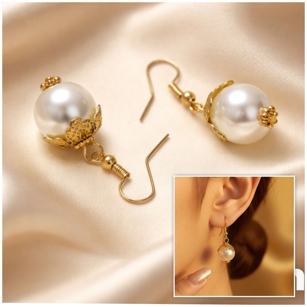 Gold Tone Pearl Drop Dangle Earrings Elegant Bridal Wedding Jewelry - Picture 3 of 9